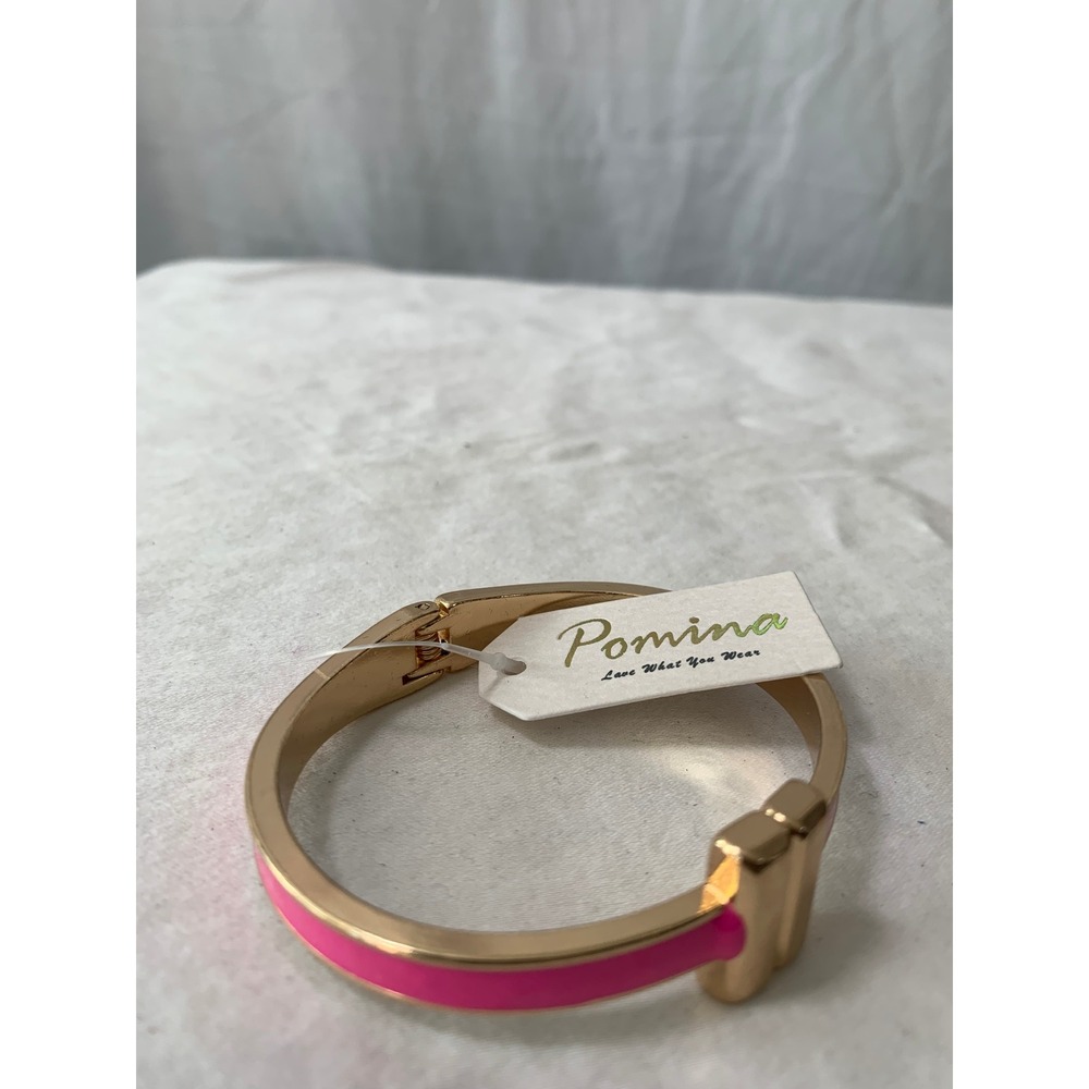 Pomina Hot Pink Enamel Gold Tone Hinged Bangle Bracelet Double Bar New #904